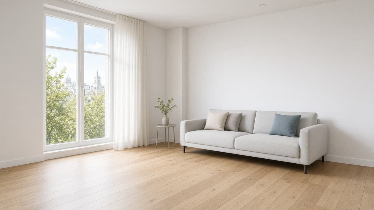 Frisch geputzte helle Berliner Wohnung mit Fenster und hellem Boden.